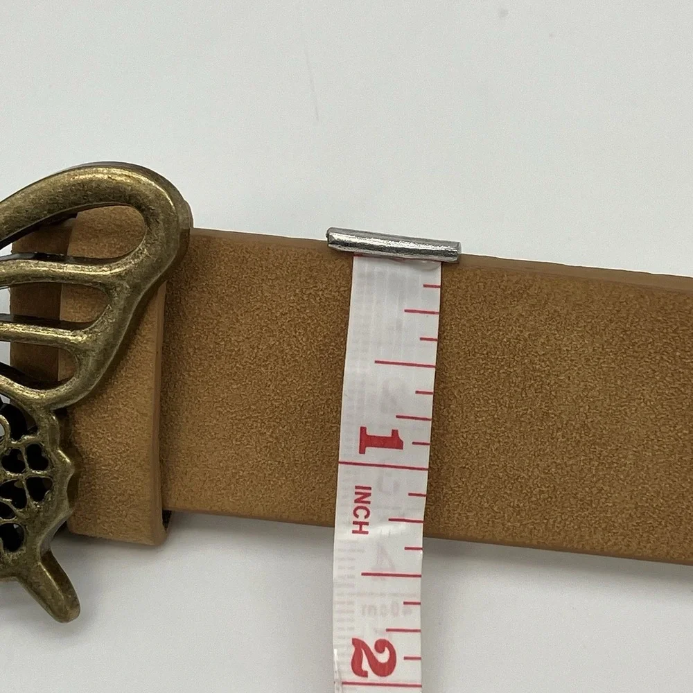 Butterfly Buckle Tan Faux Leather Belt Womens L Boho Fairy Cowgirl Hippie Whimsy